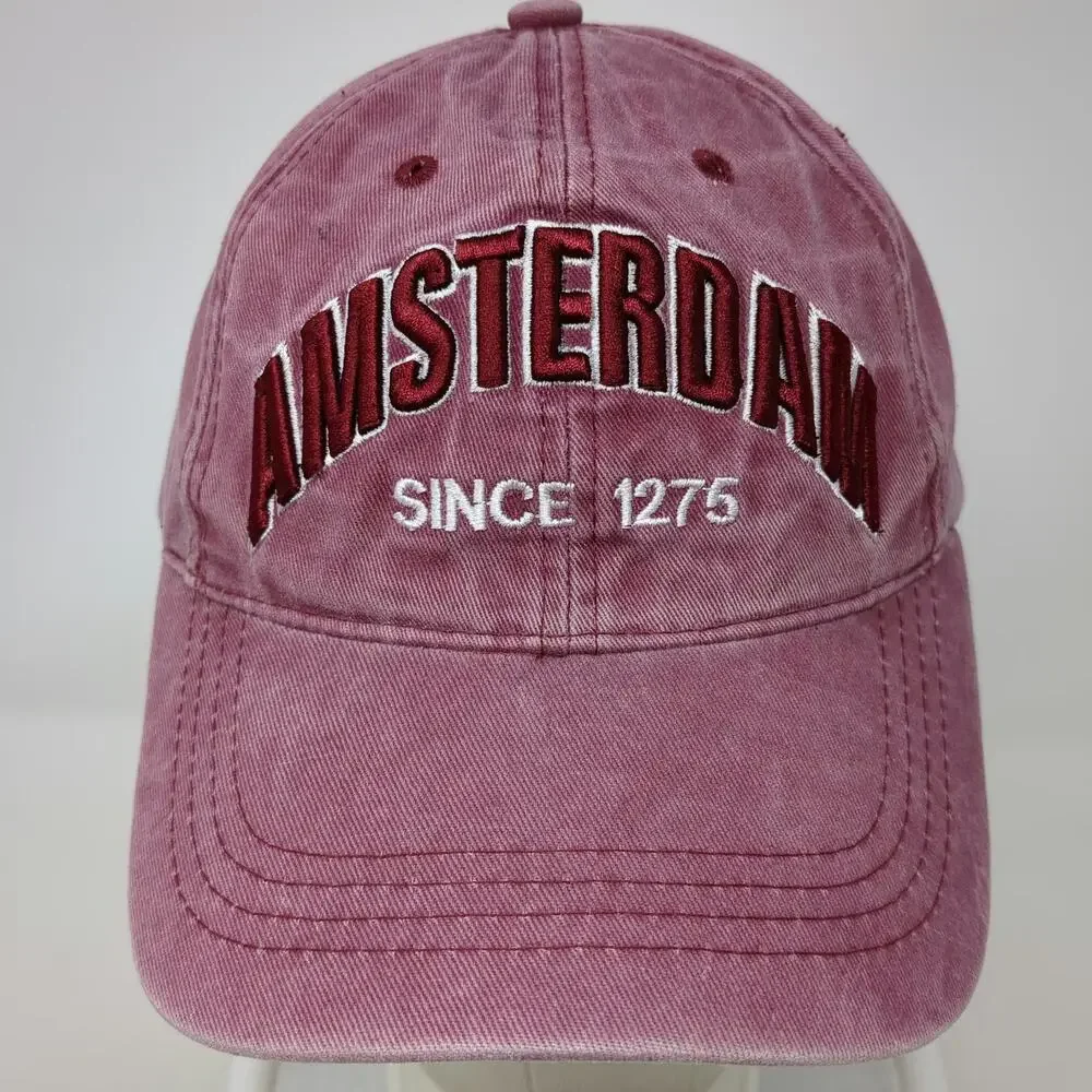 Baseball Cap Red OSFM Amsterdam Since 1275 Slideback Distressed Adjustable Hat